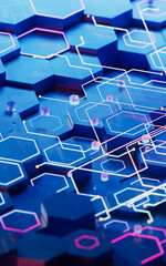 Hexagonal scientific and technological materials, 3d rendering.