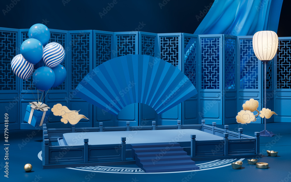 Poster empty stage with chinese background, 3d rendering.
