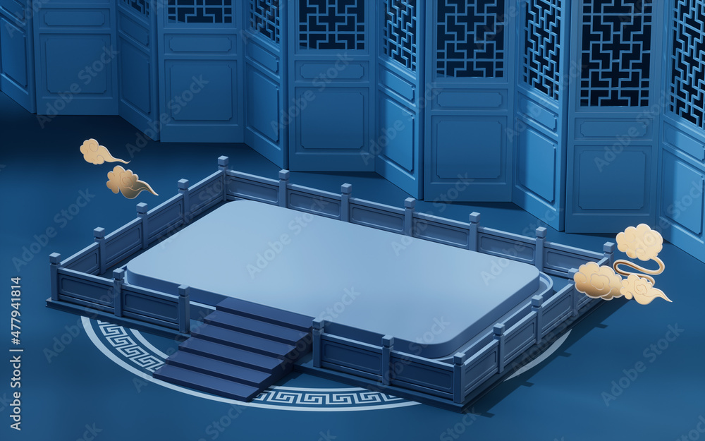 Poster empty stage with chinese background, 3d rendering.