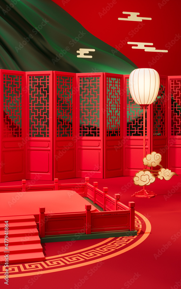 Poster empty stage with chinese background, 3d rendering.