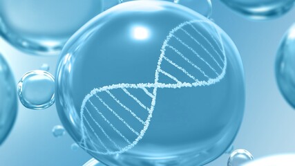 Beauty skincare and medical healthcare 3d illustration concept. Pure transparent macro liquid oil bubble. White helix on blue futuristic background with realistic droplets as product demo showcase.