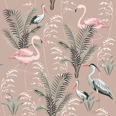 Vintage swamp heron, pelican, flamingo bird, plants, herbs seamless pattern floral background. Exotic botanical wallpaper.