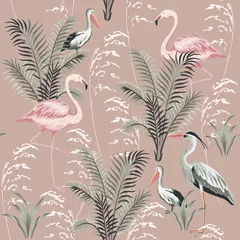 Abwaschbare Fototapete Flamingo Vintage-Sumpfreiher, Pelikan, Flamingovogel, Pflanzen, Kräuter, nahtloser Musterblumenhintergrund. Exotische botanische Tapete.