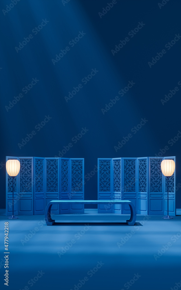 Poster empty stage with chinese style background, 3d rendering.