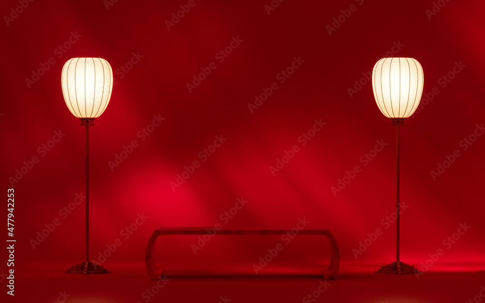 Poster empty stage with chinese style background, 3d rendering.