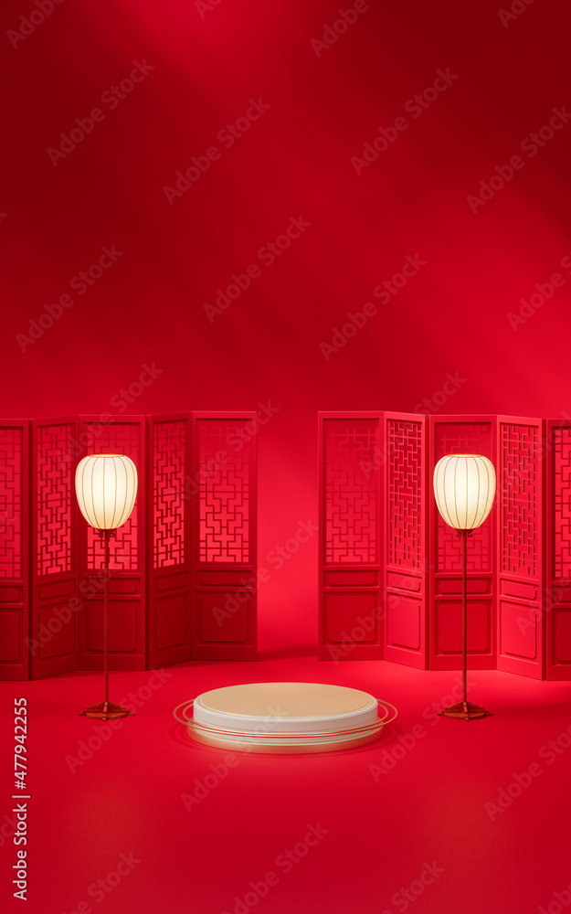 Poster empty stage with chinese style background, 3d rendering.