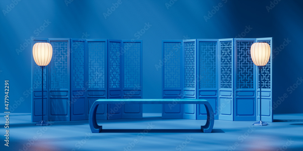 Poster empty stage with chinese style background, 3d rendering.