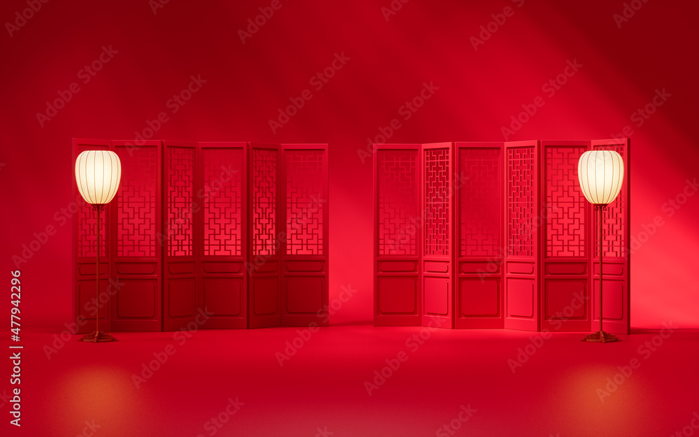 Aufkleber chinese screen and lamp with red background, 3d rendering.