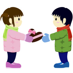 女の子が男の子にチョコレートを渡すイラスト