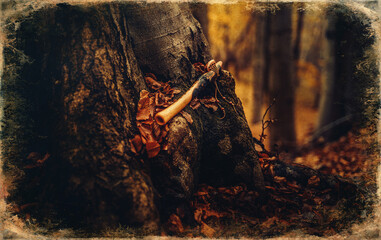 shaman flute in forest on moss tree.
