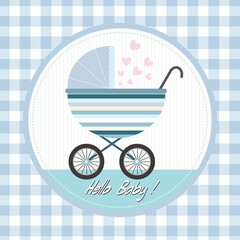 Fototapeta na wymiar baby child arrival announcement card with stroller