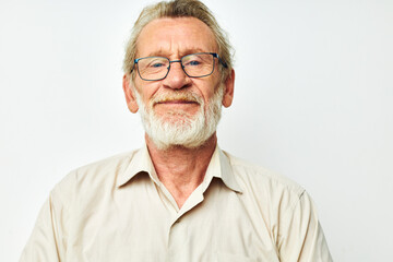 elderly man wears glasses in shirts isolated background