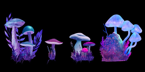 Magic alien mushrooms of different shape with sparkles, colorful collection