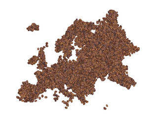 Map of Europe made with coffee beans on a white isolated background. Export, production, supply,...