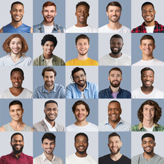 Various happy male faces different ages, set of photos