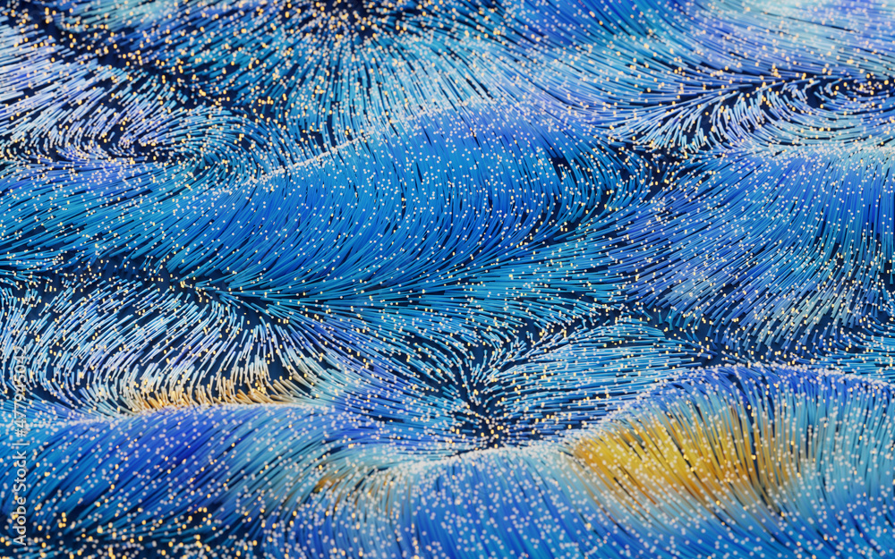 Poster abstract flowing lines, flowing particles, 3d rendering.