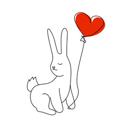 A white hare with a balloon in the shape of a heart for Valentine's Day. Vector doodle illustration on a white background for postcards and prints