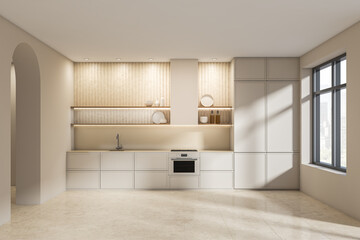 Fototapeta na wymiar Light kitchen set interior with shelves and appliances, tiled floor