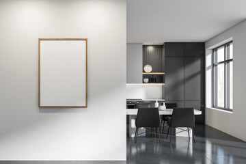 Dark kitchen interior with furniture, armchairs and eating table, mock up poster