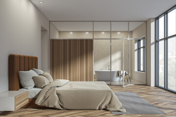 Light bedroom interior with bathtub and window with countryside