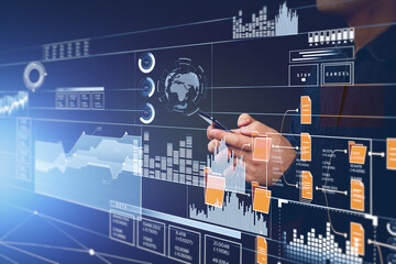 Businessman with phone in hands, data storage, icons and files h