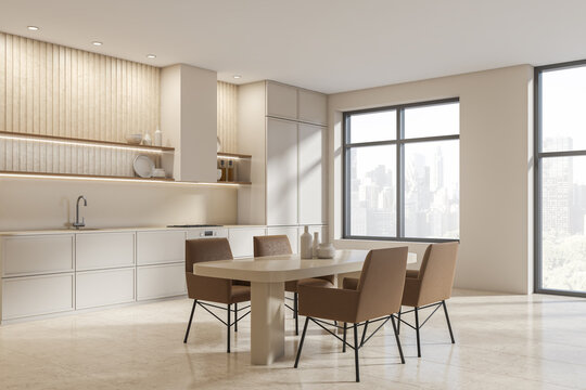 Light kitchen set interior with table and seats, shelves and panoramic window