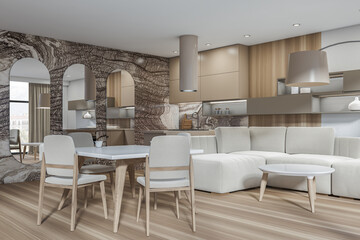 Beige and white living room combined with marble kitchen. Corner view