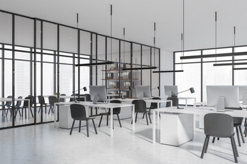 White business room interior with coworking and waiting room, city view