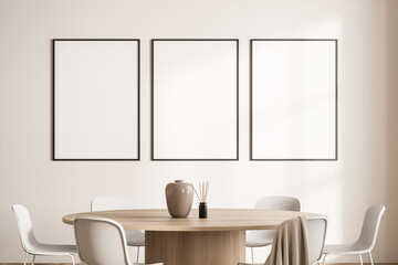 Light guest room interior with chairs and table, mockup posters