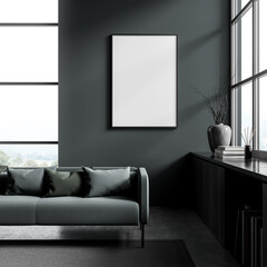 Dark guest room interior with sofa and decoration near window, mockup poster