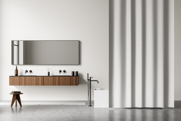 Bathroom interior with sink and tub, grey concrete floor and shower curtain