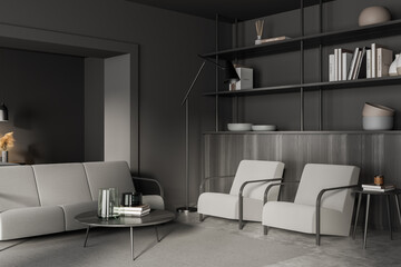 Modern dark grey living room with tone on tone design. Corner view.