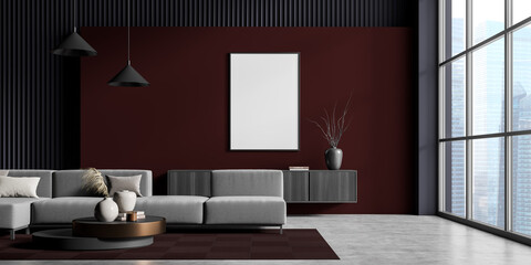 Dark guest room interior with sofa and drawer near window, mockup poster