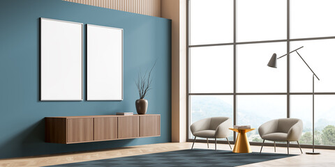Light relaxing room interior with armchairs and window, mockup posters