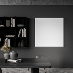 Fototapeta na wymiar Dark guest room interior with table and chair, shelf with books, mockup poster
