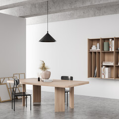 Light reading room interior with two seats and table, shelf with decoration