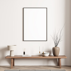 Light exhibition room interior with wooden bench and decoration, mockup poster