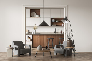 Light kitchen set interior with two armchairs and appliances on background