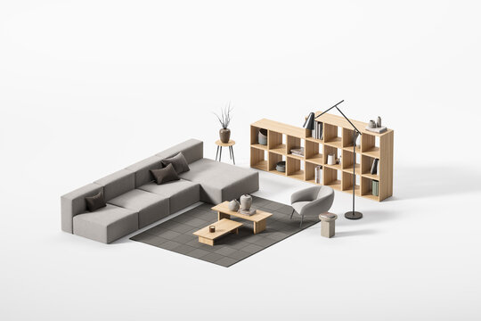 Isometric top view of relaxing room interior with furniture, mockup