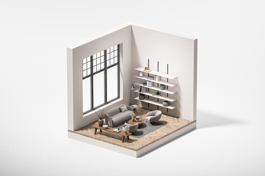 Isometric top view of relaxing room interior with furniture and panoramic window
