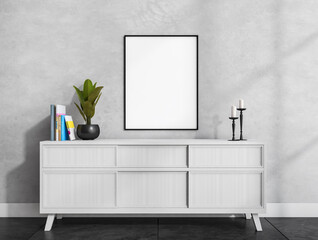 Bright living room interior with empty white poster, sideboard