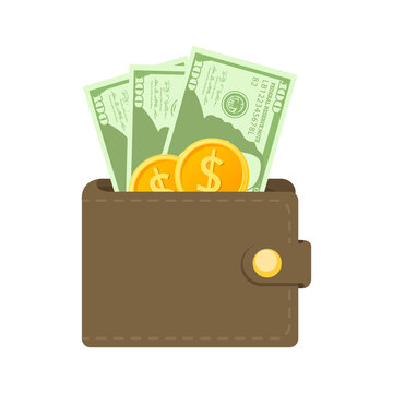 brown leather two fold wallet and moeny golden coin banknotes cartoon vector illustration isolated object