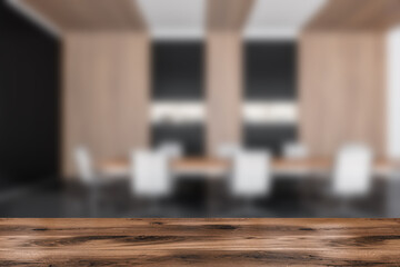 Table for product display with blurred meeting room on background