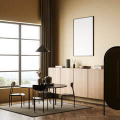 Empty frame mockup in yellow living room with dining table. Corner view.