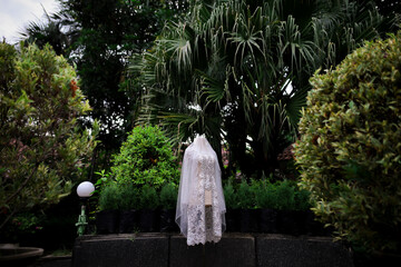 Beautiful white wedding dresses on a mannequin.