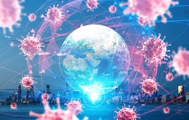 Fototapeta Earth sphere hologram, omicron virus and New York city skyscrapers at night obraz
