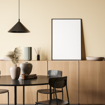 Standing canvas in beige dining room with round dining table