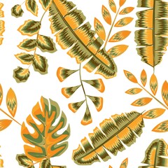 Trend abstract seamless pattern with colorful tropical leaves and plants foliage on light background. Vector design. Jungle print. Floral background. Printing and textiles. Exotic tropics. Summer.
