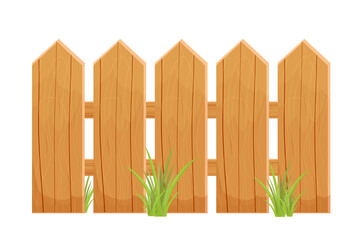 Wood cartoon fence with grass textured, detailed isolated on white background. Rustic construction from planks, rural old barrier. 