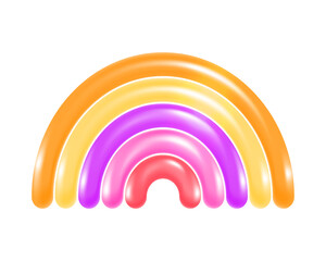 Volumetric multicolored rainbow from a long balloon tube. Colored arch with highlights isolated on white background. 3D rendering colorful object for kids or baby product